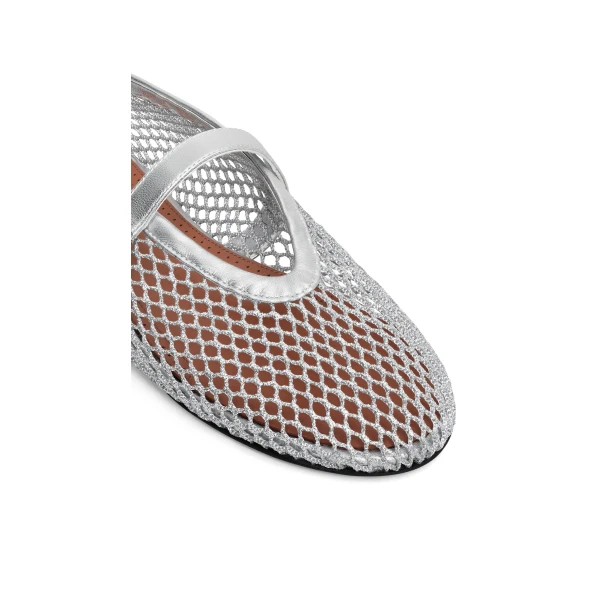 Alaia Ballet Flats in Laminated Fishnet, Silver | Flats | Coveti
