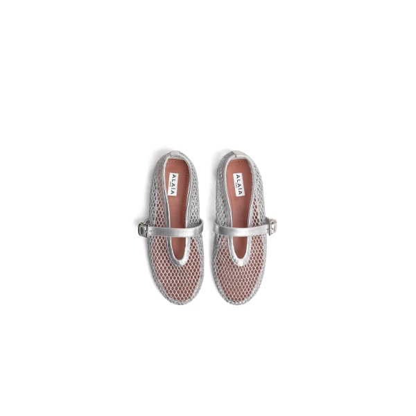 Alaia Ballet Flats in Laminated Fishnet, Silver | Flats | Coveti