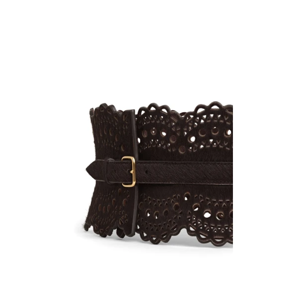 Alaia Bustier Belt in Perforated Vienne Haircalf, Chocolate | Belts | Coveti
