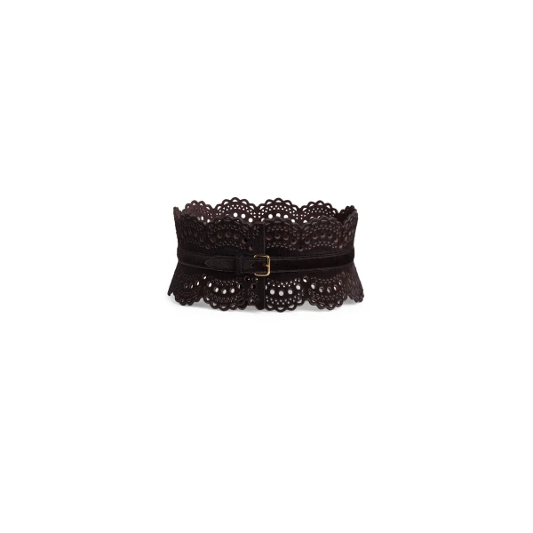 Alaia Bustier Belt in Perforated Vienne Haircalf, Chocolate | Belts | Coveti
