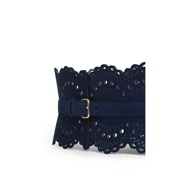 Alaia Bustier Belt in Perforated Vienne Nubuck, Blue | Belts | Coveti