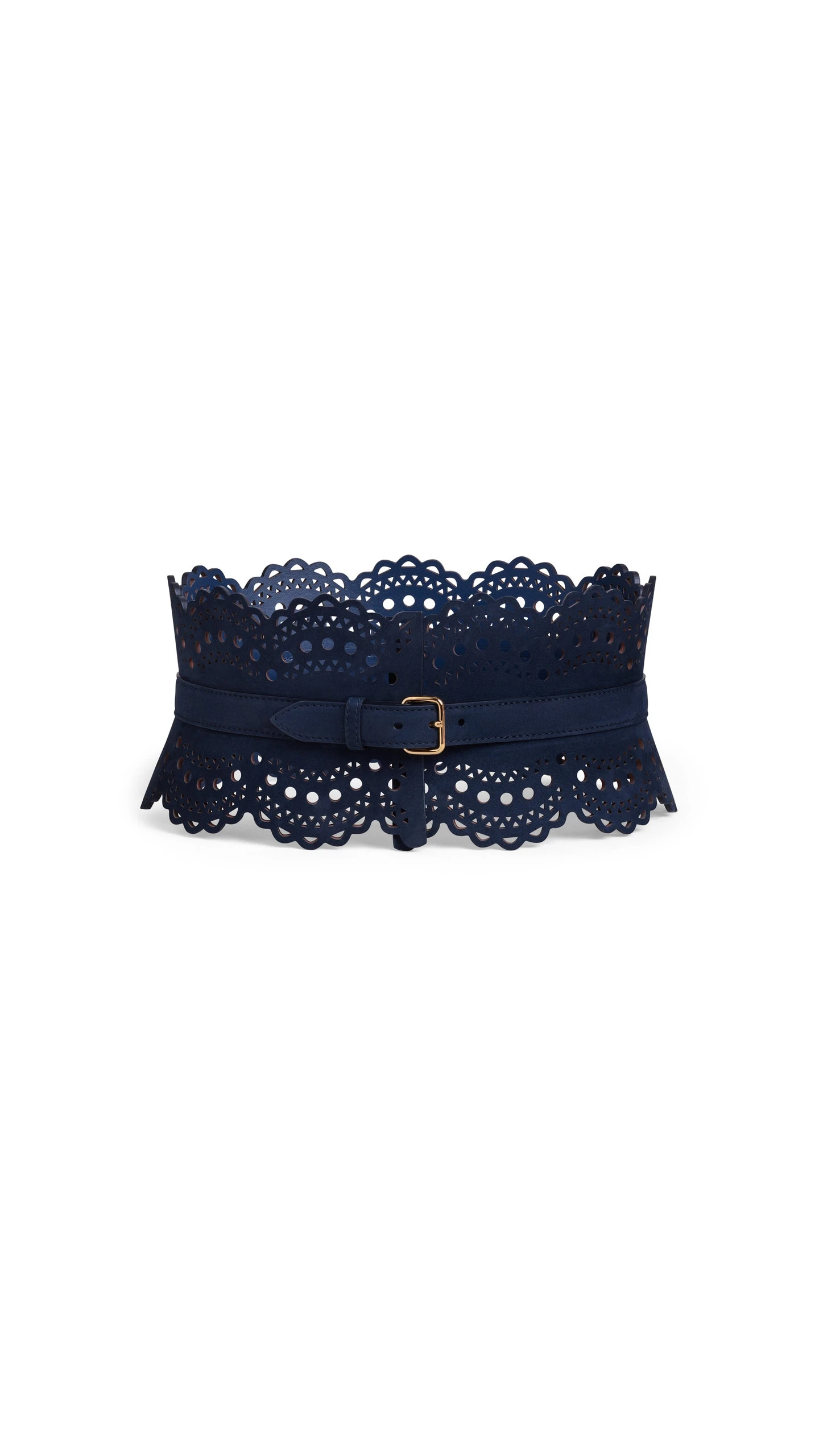 Alaia Bustier Belt in Perforated Vienne Nubuck, Blue Alaia Bustier Belt in Perforated Vienne Nubuck, Blue | Belts | Coveti