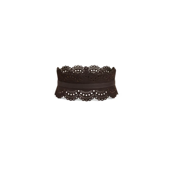 Alaia Bustier Belt in Perforated Vienne Nubuck, Smoke Brown | Belts | Coveti