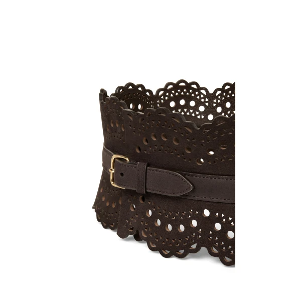 Alaia Bustier Belt in Perforated Vienne Nubuck, Smoke Brown | Belts | Coveti