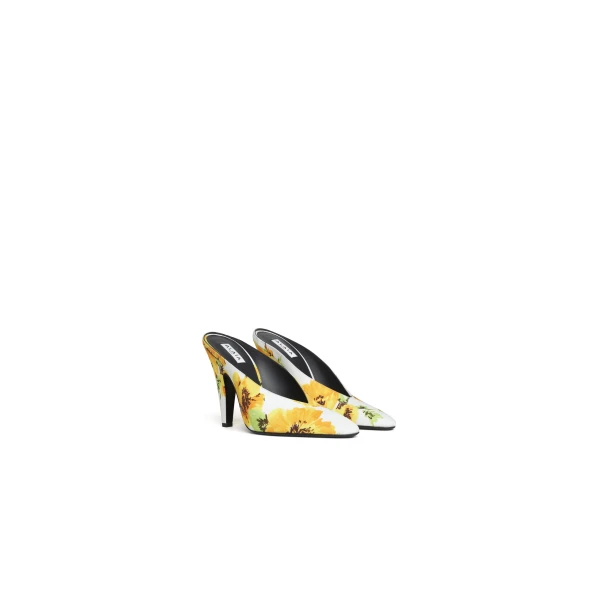 Alaia Cone Mules in Flower Print, White and Yellow | Mules | Coveti