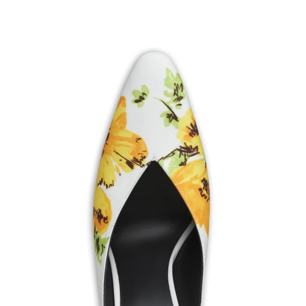 Alaia Cone Mules in Flower Print, White and Yellow | Mules | Coveti