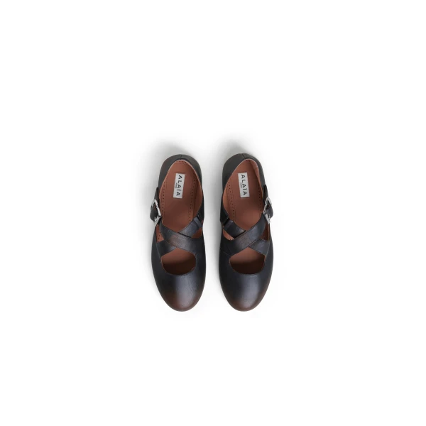 Alaia Criss Cross Ballet Flats in Aged Leather, Ebony | Flats | Coveti