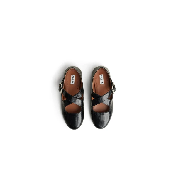 Alaia Criss Cross Ballet Flats in Crocodile Embossed Calfskin, Black | Flats | Coveti
