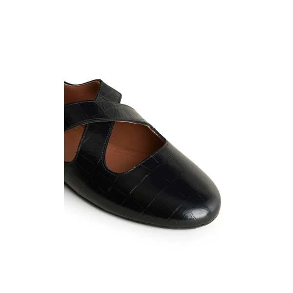 Alaia Criss Cross Ballet Flats in Crocodile Embossed Calfskin, Black | Flats | Coveti