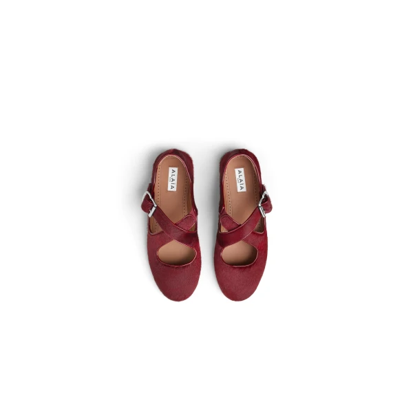 Alaia Criss Cross Ballet Flats in Haircalf, Cherry | Flats | Coveti