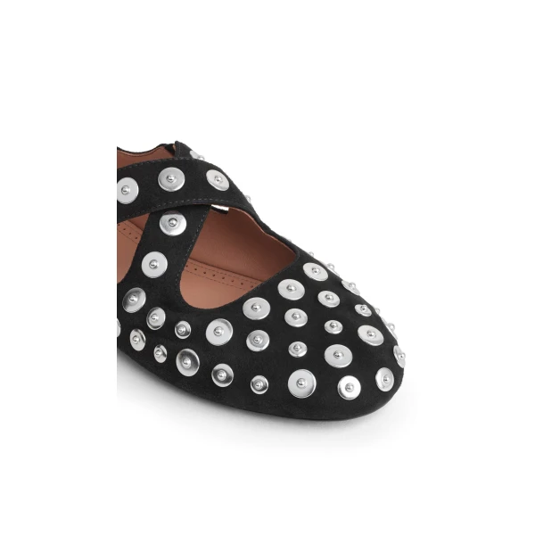 Alaia Criss Cross Ballet Flats in Suede and Rivets, Black | Flats | Coveti