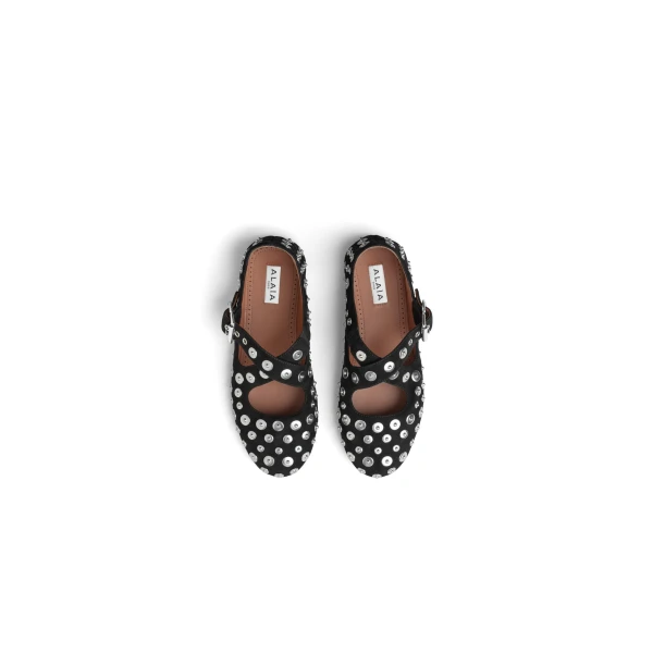 Alaia Criss Cross Ballet Flats in Suede and Rivets, Black | Flats | Coveti