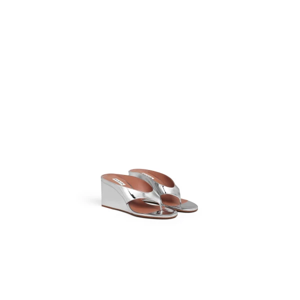 Alaia Cube Thong Mules in Mirror Fabric, Silver | Mules | Coveti