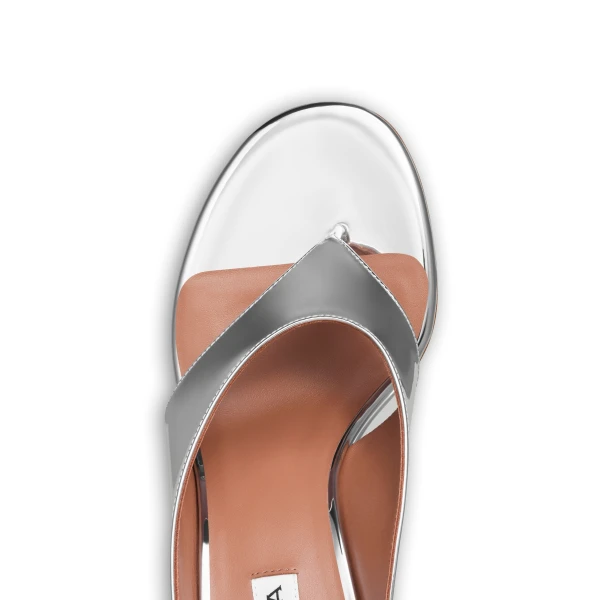Alaia Cube Thong Mules in Mirror Fabric, Silver | Mules | Coveti