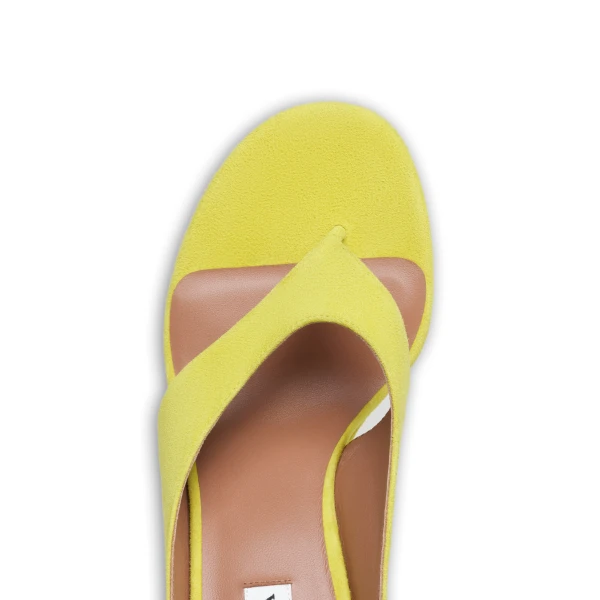 Alaia Cube Thong Mules in Suede, Lemon Yellow | Mules | Coveti
