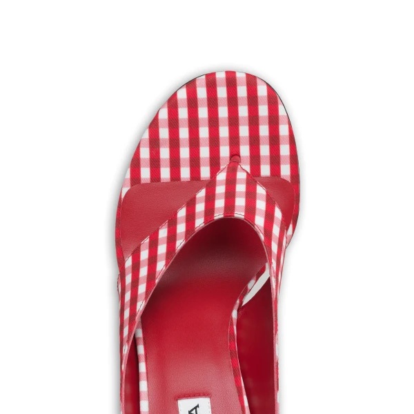 Alaia Cube Thong Mules in Vichy Print, Carmine Red and White | Mules | Coveti