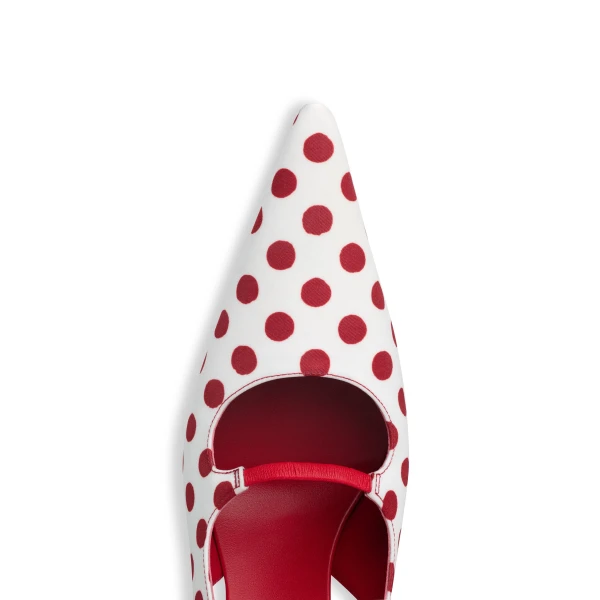 Alaia Drop Slingbacks in Polka Dots Print, Red and White | Heels | Coveti