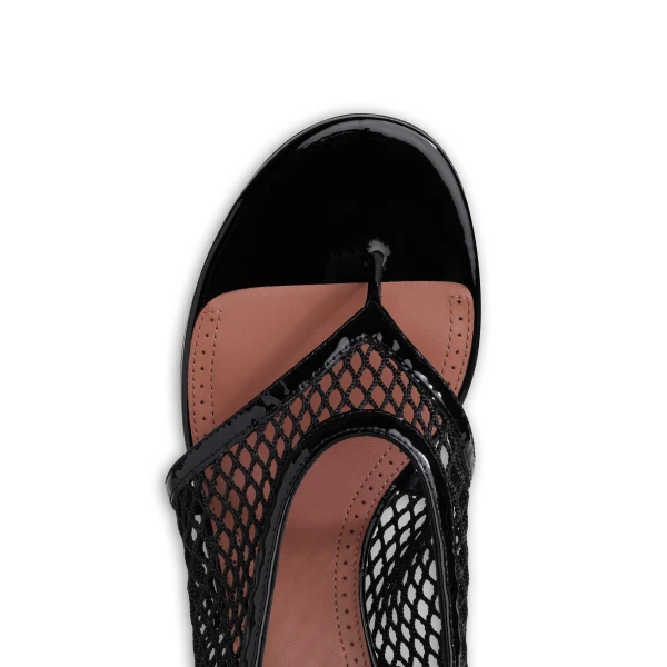 Alaia Fishnet Heel Sandals in Patent Leather, Black | Sandals | Coveti