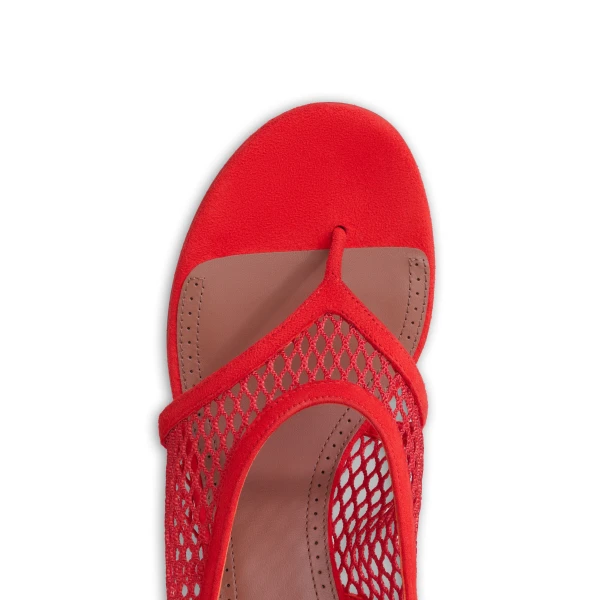 Alaia Fishnet Heel Sandals in Suede, Orange-red | Sandals | Coveti