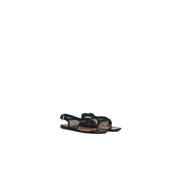 Alaia Fishnet Thong Sandals in Patent Calfskin, Black | Sandals | Coveti