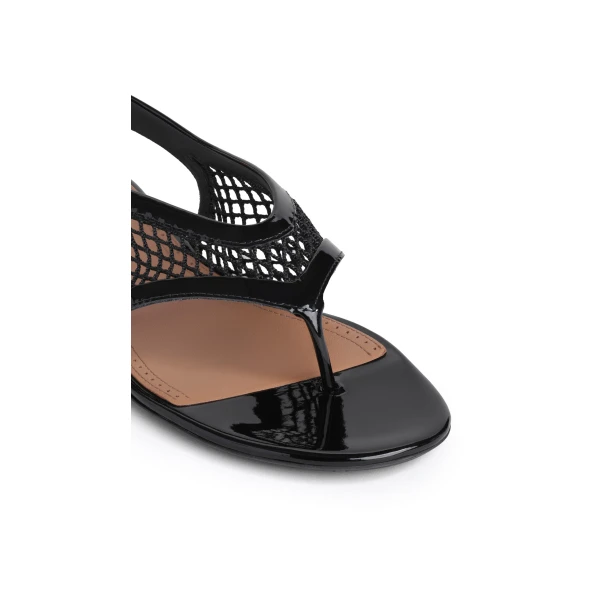 Alaia Fishnet Thong Sandals in Patent Calfskin, Black | Sandals | Coveti
