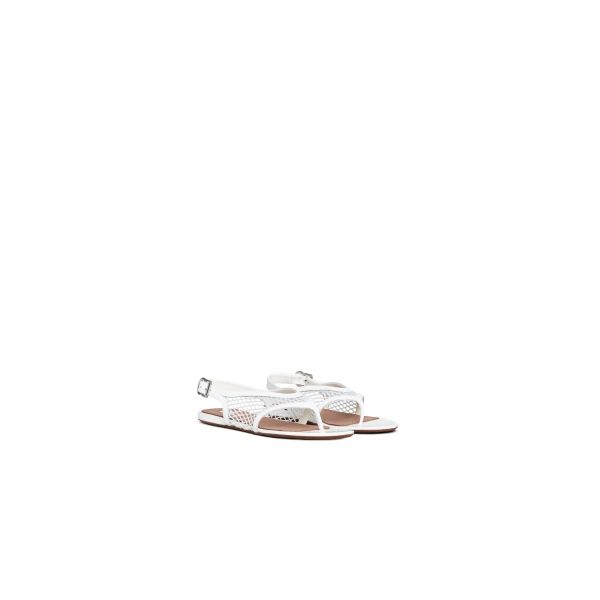 Alaia Fishnet Thong Sandals in Patent Calfskin, Optical White | Sandals | Coveti