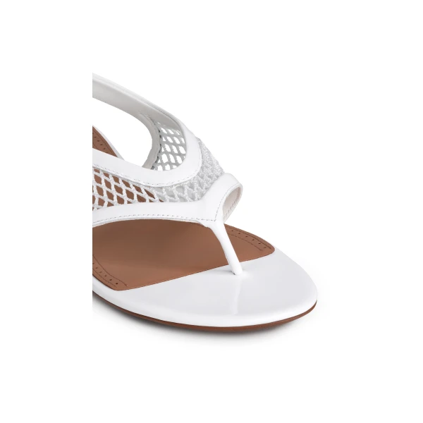 Alaia Fishnet Thong Sandals in Patent Calfskin, Optical White | Sandals | Coveti