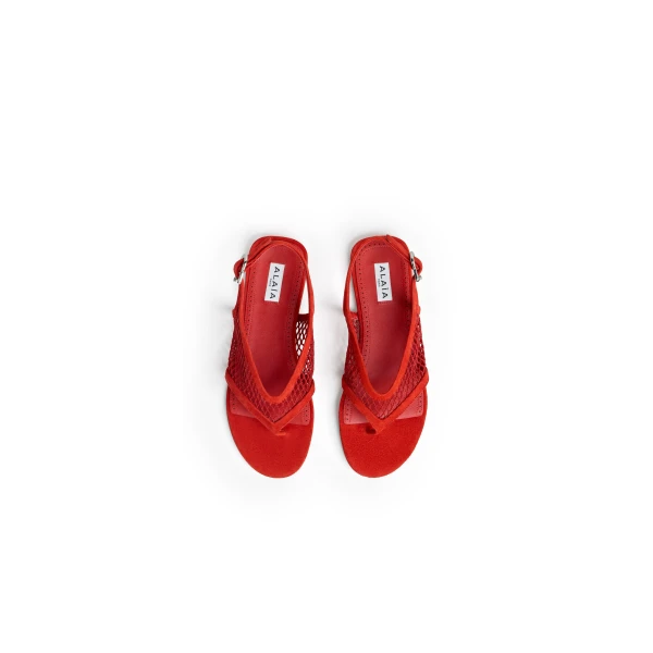 Alaia Fishnet Thong Sandals in Suede, Burnt Orange | Sandals | Coveti