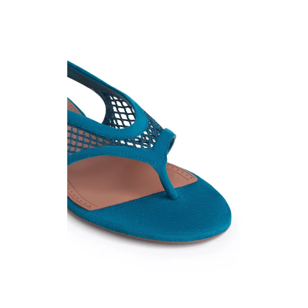 Alaia Fishnet Thong Sandals in Suede, China Blue | Sandals | Coveti