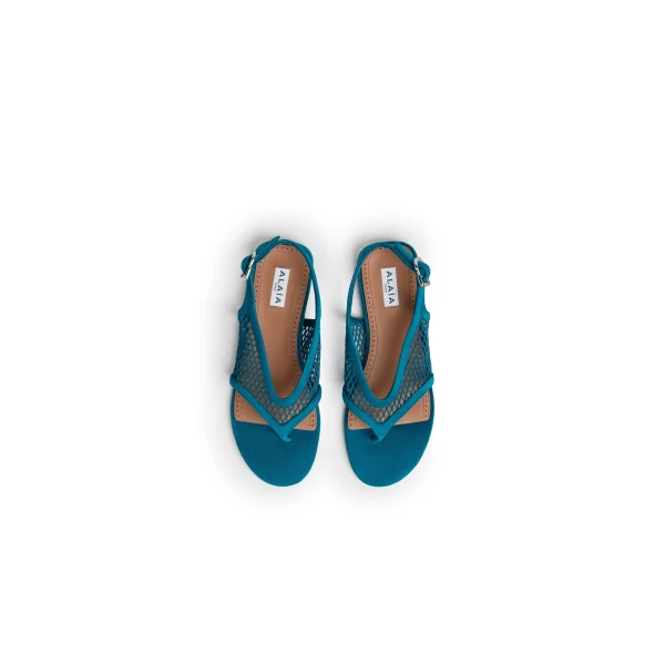 Alaia Fishnet Thong Sandals in Suede, China Blue | Sandals | Coveti