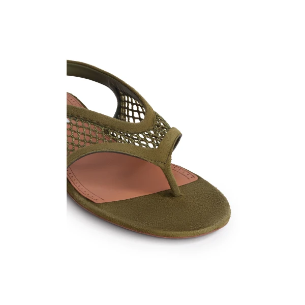 Alaia Fishnet Thong Sandals in Suede, Khaki | Sandals | Coveti
