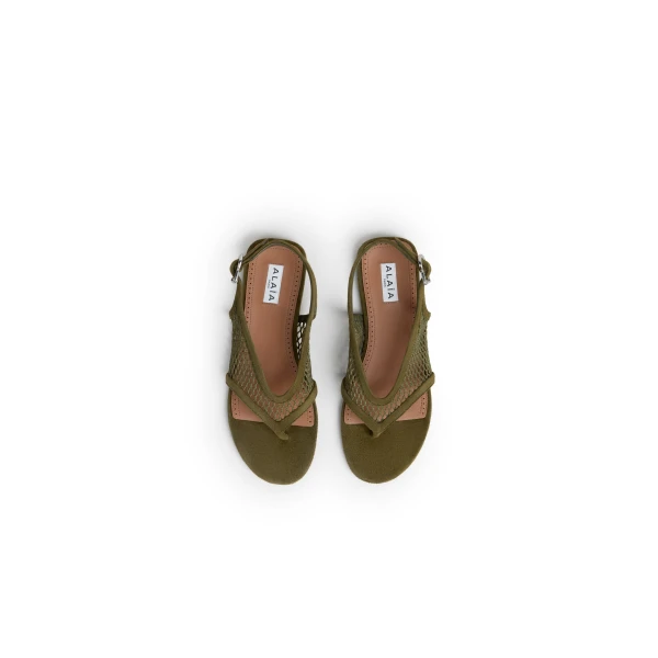 Alaia Fishnet Thong Sandals in Suede, Khaki | Sandals | Coveti