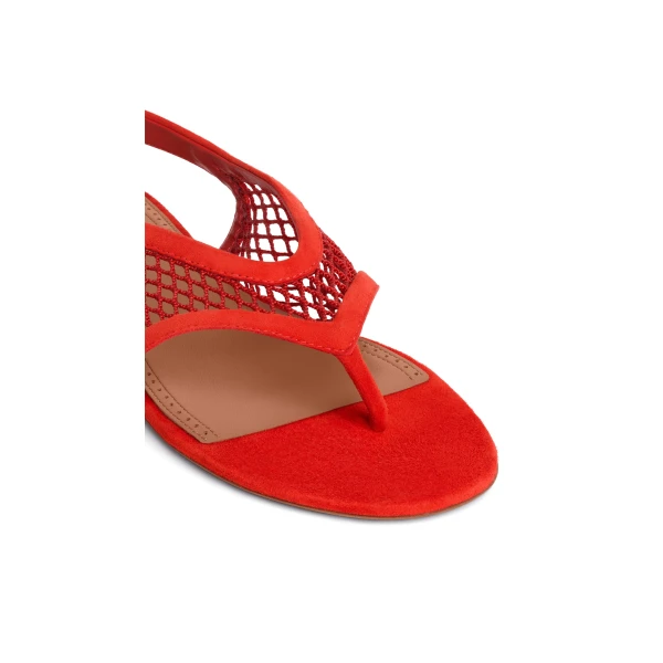 Alaia Fishnet Thong Sandals in Suede, Orange-red | Sandals | Coveti