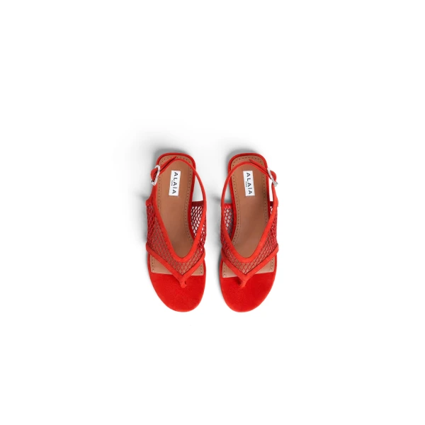 Alaia Fishnet Thong Sandals in Suede, Orange-red | Sandals | Coveti