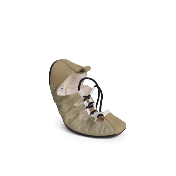 Alaia Fold Laced Flats in Leather, Almond Green | Flats | Coveti