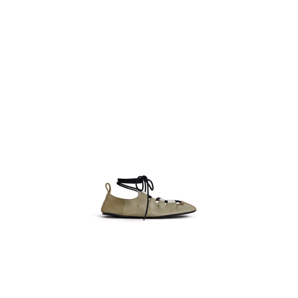 Alaia Fold Laced Flats in Leather, Almond Green | Flats | Coveti
