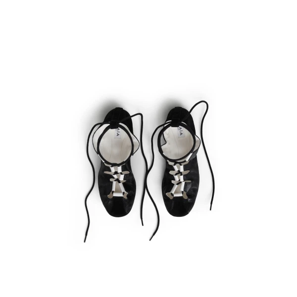 Alaia Fold Laced Flats in Leather, Black | Flats | Coveti