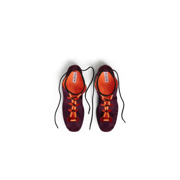 Alaia Fold Laced Flats in Nylon and Suede, Bordeaux | Flats | Coveti