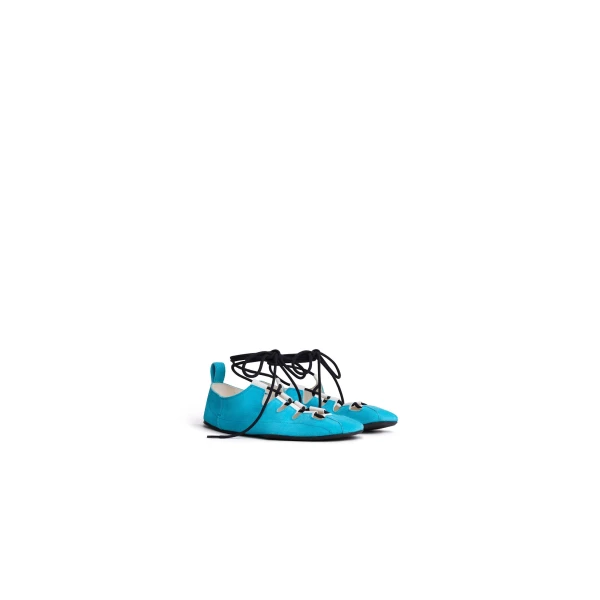 Alaia Fold Laced Flats in Velvet Calfskin, Turquin Blue | Flats | Coveti