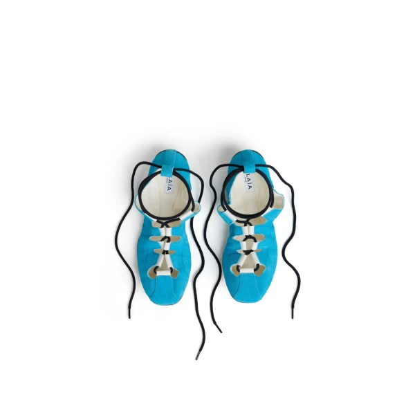 Alaia Fold Laced Flats in Velvet Calfskin, Turquin Blue | Flats | Coveti