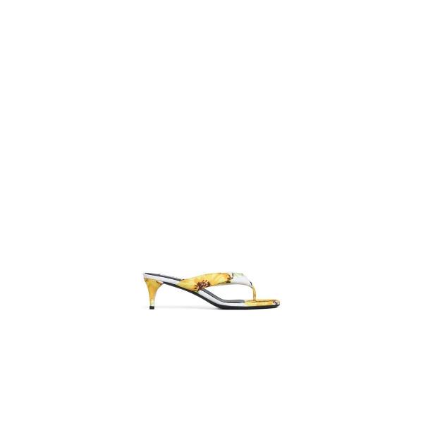Alaia Heel Thong Mules in Flower Print, White and Yellow, 55 mm | Mules | Coveti