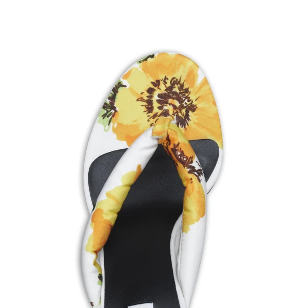 Alaia Heel Thong Mules in Flower Print, White and Yellow, 90 mm | Mules | Coveti