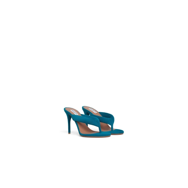 Alaia Heel Thong Mules in Suede, China Blue, 90 mm | Mules | Coveti