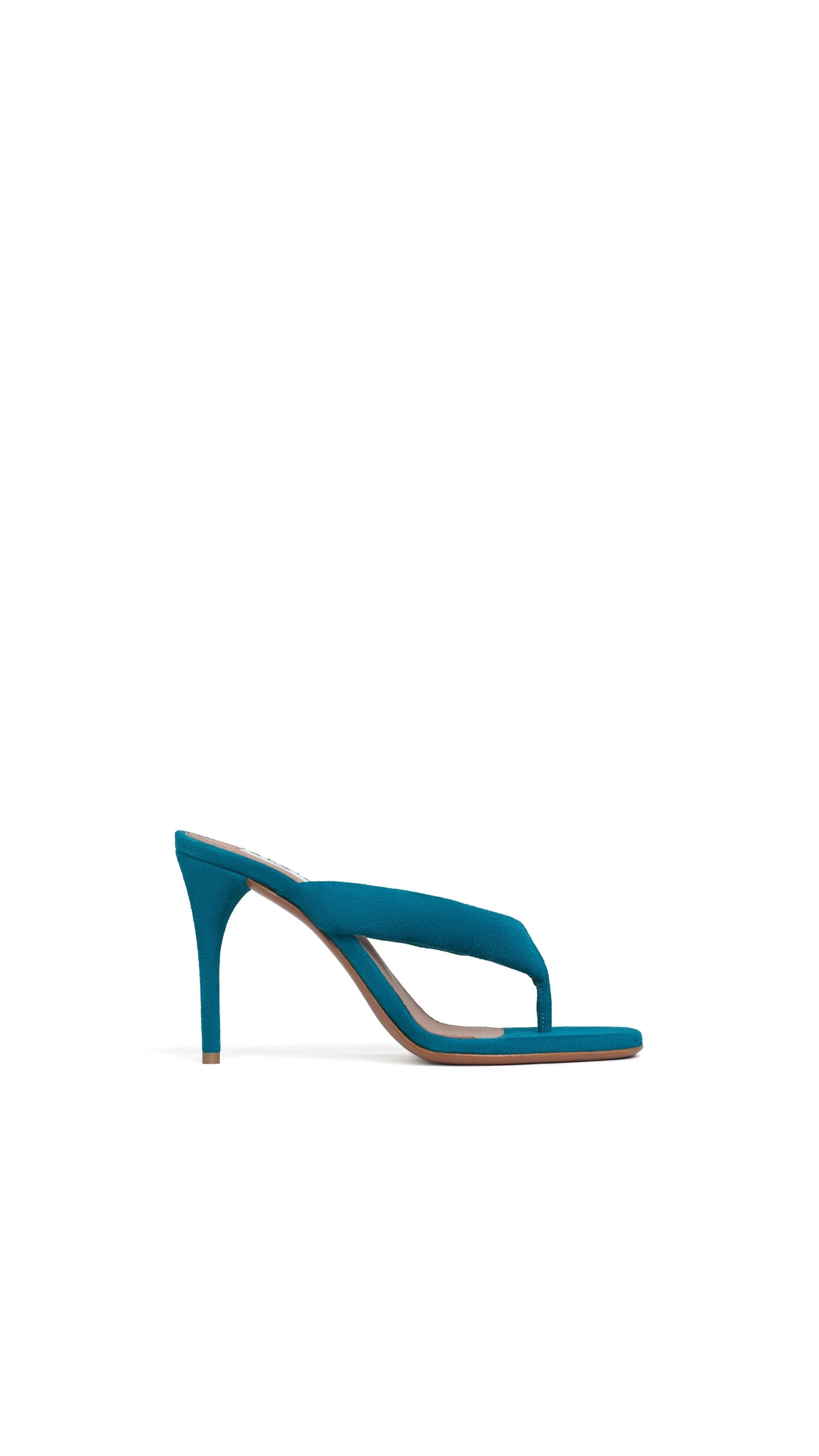Alaia Heel Thong Mules in Suede, China Blue, 90 mm Alaia Heel Thong Mules in Suede, China Blue, 90 mm | Mules | Coveti