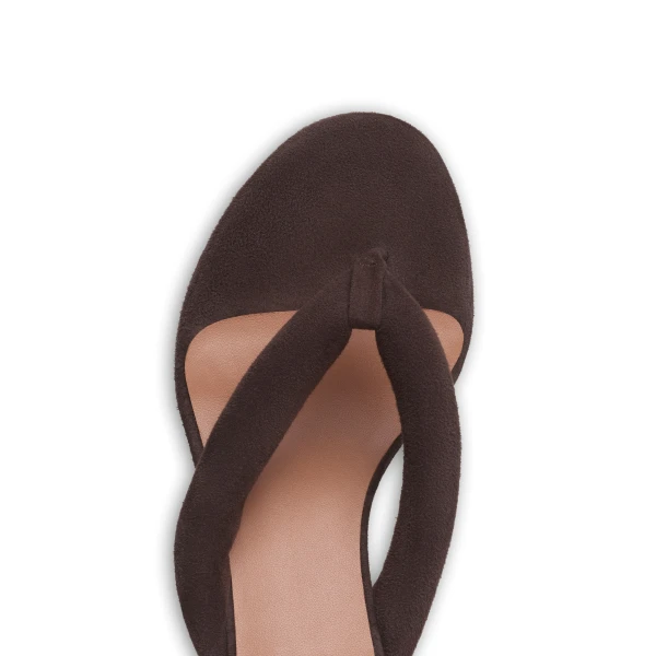 Alaia Heel Thong Mules in Suede, Smoke Brown, 55 mm | Mules | Coveti