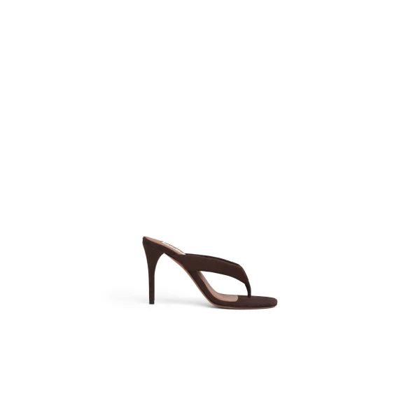 Alaia Heel Thong Mules in Suede, Smoke Brown, 90 mm | Mules | Coveti