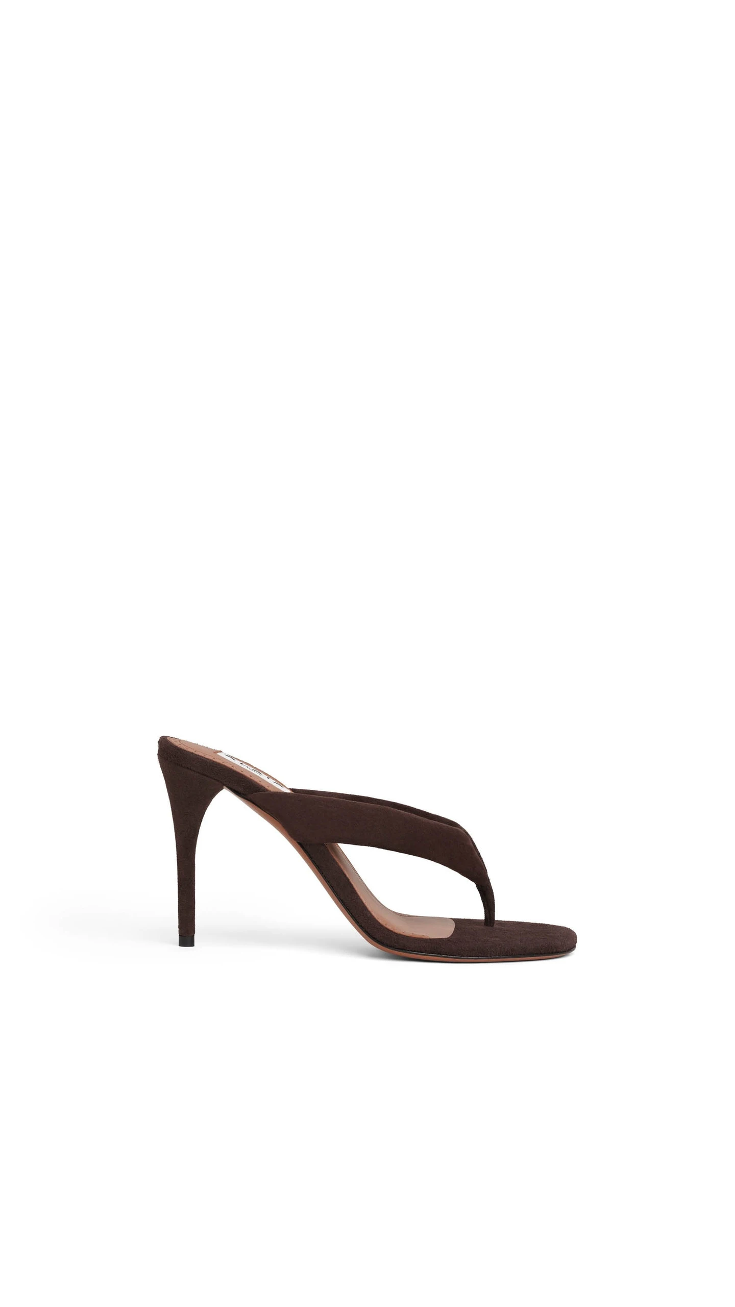Alaia Heel Thong Mules in Suede, Smoke Brown, 90 mm Alaia Heel Thong Mules in Suede, Smoke Brown, 90 mm | Mules | Coveti