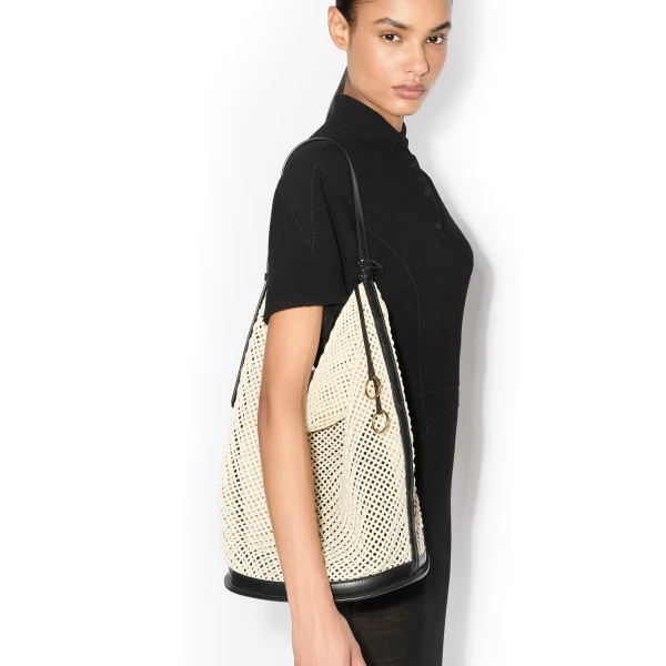 Alaia Hip Large Bucket Bag in Cotton Net, Beige | Bucket Bags | Coveti
