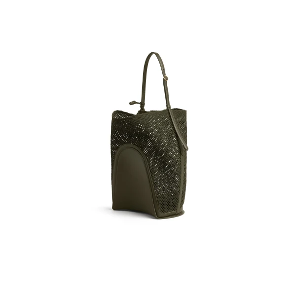 Alaia Hip Large Bucket Bag in Suede Net, Khaki | Bucket Bags | Coveti