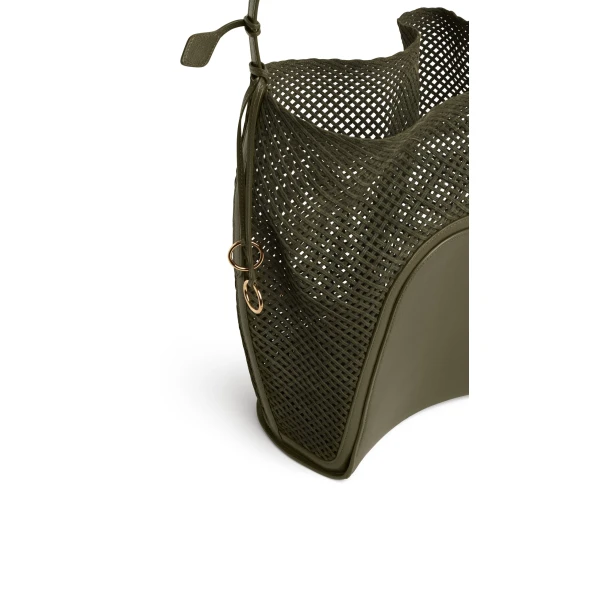 Alaia Hip Large Bucket Bag in Suede Net, Khaki | Bucket Bags | Coveti